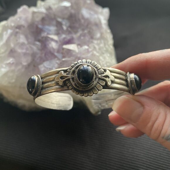 Vintage Sterling Silver Triple Onyx Stone Cuff Bracelet. Trading Post. 925. - Picture 4 of 16